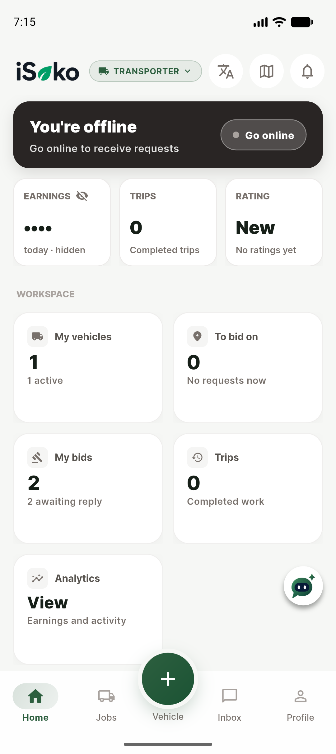 Amusika transporter dashboard with earnings, trips and bids